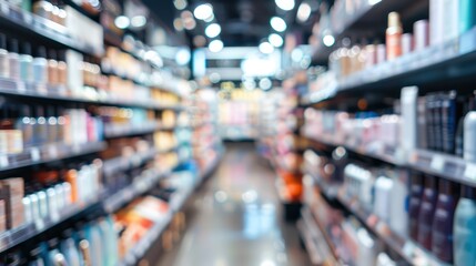 A blurred background of a cosmetic store aisle filled with shelves of skincare products.