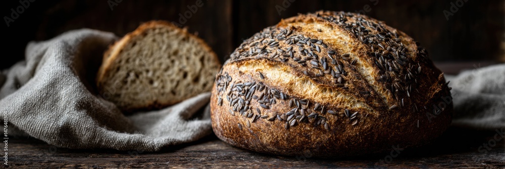 Aufkleber Artisan Bread With Seeds on a Linen Cloth Showcasing Its Crusty Texture Beside a Sliced Loaf in a Rustic Setting