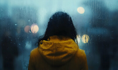 A woman in a yellow raincoat stands before a rain-streaked window, gazing at the blurred city lights and passersby beyond.  The mood is contemplative and melancholic