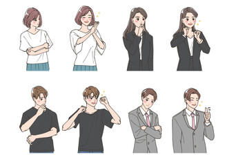 考えているシーンと喜んでいるシーンの男女のイラストセット