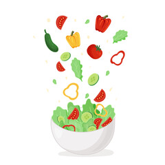 Flat vector illustration of a fresh vegetable salad with ingredients flying into a bowl. Includes tomatoes, cucumbers, lettuce, peppers and greens. Isolated on white background