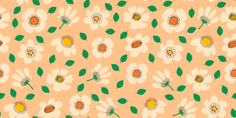 Flower Seamless Pattern with Cute Nature Wild Field Florals in Pastel Colors. Doodle quirky summer and spring plants. Feminine repeatable backdrop perfect for fashion, clothing, cards, invitations