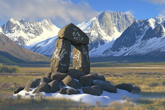 Ancient stone archway in a mountain valley