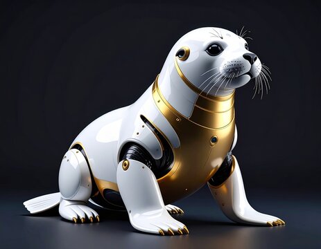 Futuristic firefly seal robot design virtual reality showcase high-tech environment full-body view