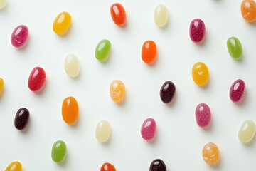 Colorful, assorted jelly beans scattered on a white surface.  Each bean is an oval shape, with various translucent colors including red, orange, yellow, green, purple, and pink.