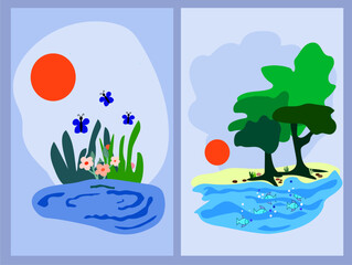 Elements of nature in modern contemporary symbols earth, water, air and fire vector design. Page calendar book cover design. Science project cards poster ideas.