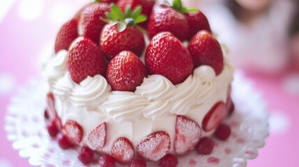A strawberry cake with cream frosting and fresh strawberries on a plate.