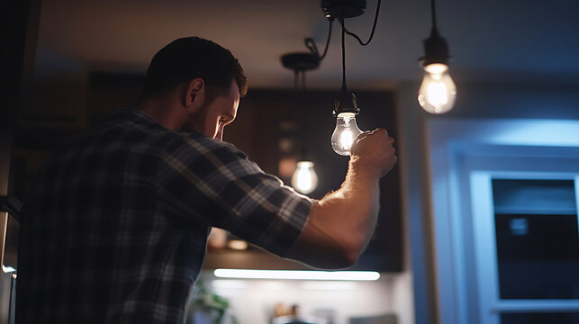 Man Replacing a Light Bulb in a Dimly Lit Room