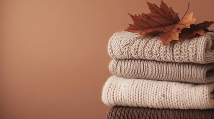 Cozy knitted sweaters stacked neatly with a vibrant autumn leaf on top against a warm background