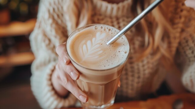 A person stirring a latte with a metal straw in a cafe, showcasing the coffee's frothy texture.