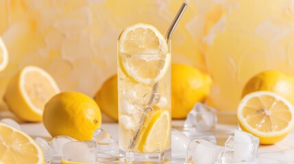 Fototapeta premium Close-up of a tall glass of lemonade with a metal straw, surrounded by slices of lemon and ice cubes.