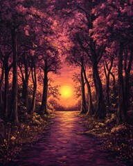 Obraz premium Forest Path at Sunset Oil Painting Impressionistic Style Dark Trees Purple Hues Warm Light Nature Scene Artwork