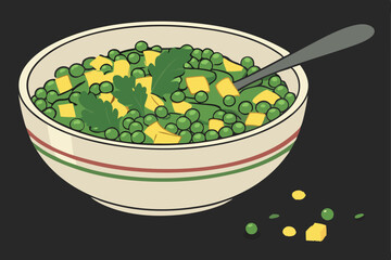 79 green peas, yellow split lentils, round bowl, black background, vibrant colors, dramatic lighting, high contrast, detailed textures, studio shot