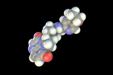 Gepotidacin molecule, 3D illustration. New-generation antibiotic targeting bacterial DNA replication. Effective against resistant pathogens like Neisseria gonorrhoeae and E. coli.