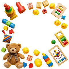 Fototapeta premium Childhood Corner: A colorful array of children's toys playfully arranged, creating a visually engaging border and evoking the joy of childhood. 