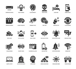 Workload Pressure, digital burnout and overload icon set