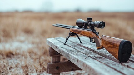 A detailed image shows a rifle equipped with a scope placed on a wooden bench in a field.