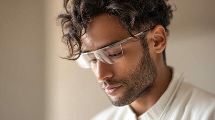 Obraz premium A handsome man with curly hair and modern glasses looking down, captured in a close-up shot with soft lighting.