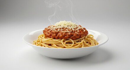 Appetizing plate of steaming spaghetti with meat sauce and grated cheese
