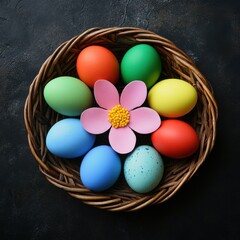 Obraz premium Easter eggs in wicker basket overhead still life colorful springtime holiday celebration flower decoration