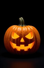Glowing halloween pumpkin on black background with vertical orientation
