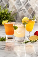 Fototapeta premium Three Colorful Cocktails on Marble Countertop with Lime Cucumber and Rosemary Garnish in Studio Shot