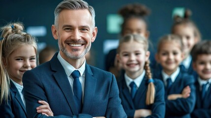 A smiling school principal stands proudly in front of a group of happy students, united in their uniforms. This photo evokes feelings of teamwork and togetherness.