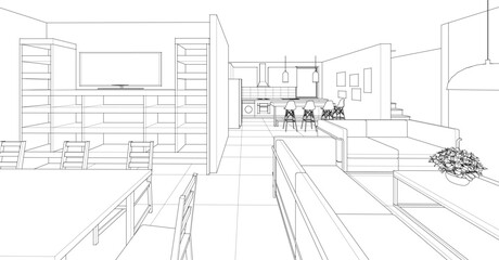 interior kitchen living room 3d illustration	
