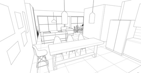 interior kitchen living room 3d illustration	
