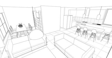 interior kitchen living room 3d illustration	
