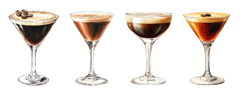 PNG Set of Espresso Martini cocktail in a martini glass with coffee foam and cocoa powder. Watercolor illustration