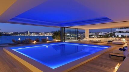 Fototapeta premium Modern Indoor Pool with Blue Lighting and City View at Night