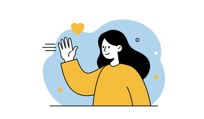 Friendly cartoon character waving with heart against blue background design for greeting cards