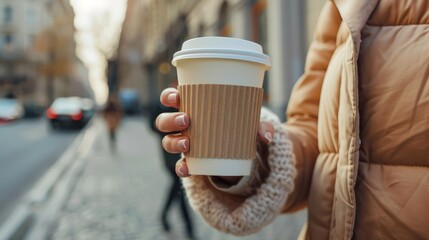 A woman's hand holding a reusable coffee cup while walking down a city street.
