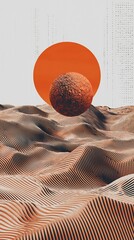 Abstract three-dimensional landscape with celestial bodies and textured terrain composition