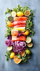 Creative arrangement of fresh fish citrus fruits and leafy greens on a textured background