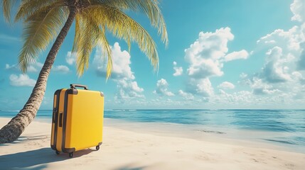 Fototapeta premium Yellow suitcase under a palm tree on a sunny beach, travel