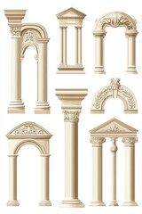 Naklejka premium Collection of Architectural Columns and Arches in Vector Illustration Style on White Background