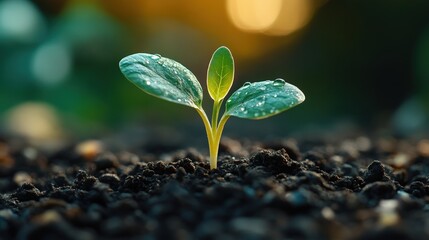 Emerging seedling in fertile dark soil.