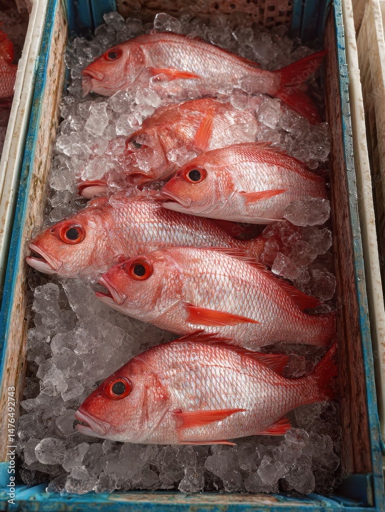 Poster fresh red snapper fish displayed in an ice-filled crate at a seafood market