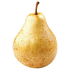 A ripe, pale-yellow pear with a reddish-brown stem