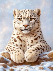 A majestic snow leopard rests peacefully amidst a snowy, rocky landscape, its striking coat blending seamlessly with its wintry surroundings