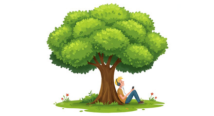 The boy listing to the music under the tree. Nature and  relationship theme . Flat illustration