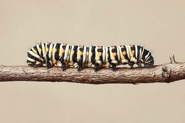 Naklejka premium A naturalistic top-down view of a butterfly caterpillar with striped body and small spikes, resting on a dry twig. Ideal for ecological and educational content.