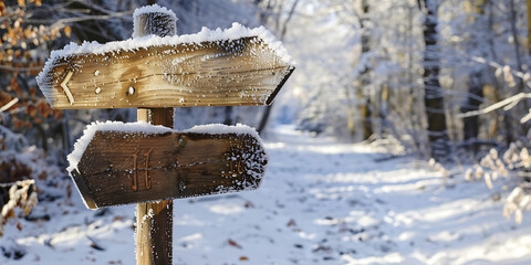Naklejka premium Frosted Wooden Signpost in Snowy Forest with Directional Arrows