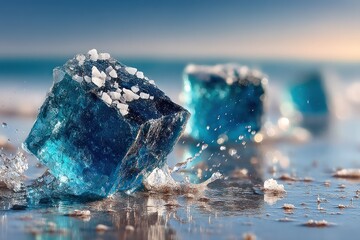Fototapeta premium Glimmering Ice Cubes with Crystals on Blue Background Capturing Serenity and Freshness