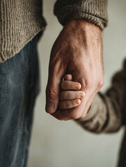  father holding a baby’s tiny hand, clean background in soft beige