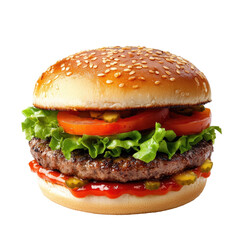 Juicy grilled beef patty, lettuce, tomato, and pickles on a sesame seed bun with ketchup