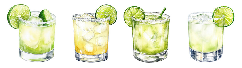 Tommy’s Margarita cocktail with lime slices, ice cubes and salted rim in short glasses. Watercolor illustration of tequila and lime drink isolated on transparent background. Classic summer cocktail. 