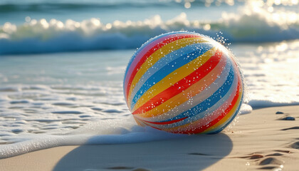 Obraz premium Vibrant striped inflatable beach ball on sandy shore with ocean waves